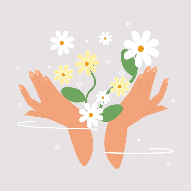 Mãos segurando floresMãos e margaridasConceito para um cartão postalIlustração vetorial plana