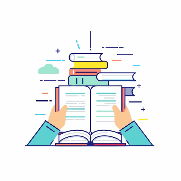 Mãos segurando livros abertos empilhando livros coloridos acima de aprendizagem conceito de educação leitura passatempo