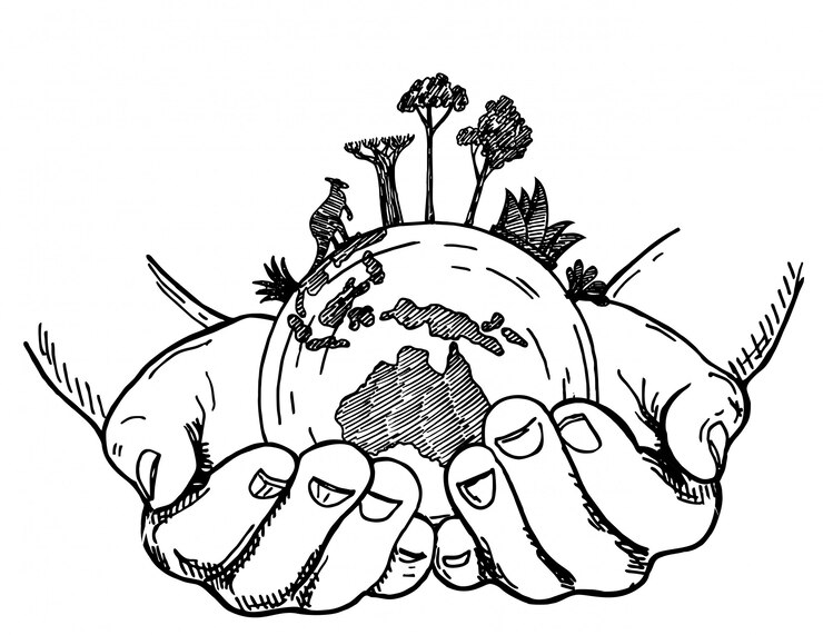 Vetor mãos segurando o globo da terra. terra nas mãos humanas sobre um fundo branco, desenho ilustração estilo. animais e plantas da austrália no mundo, proteção de animais raros.