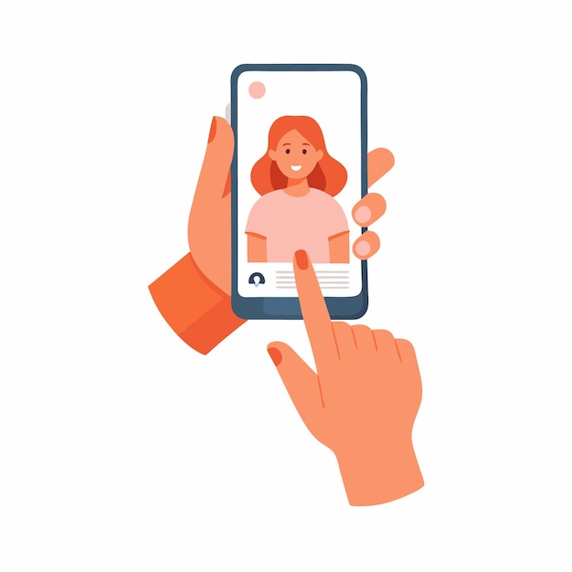 Mãos segurando o telefone móvel com uma foto de uma menina no aplicativo de tela em uma ilustração vetorial de smartphone