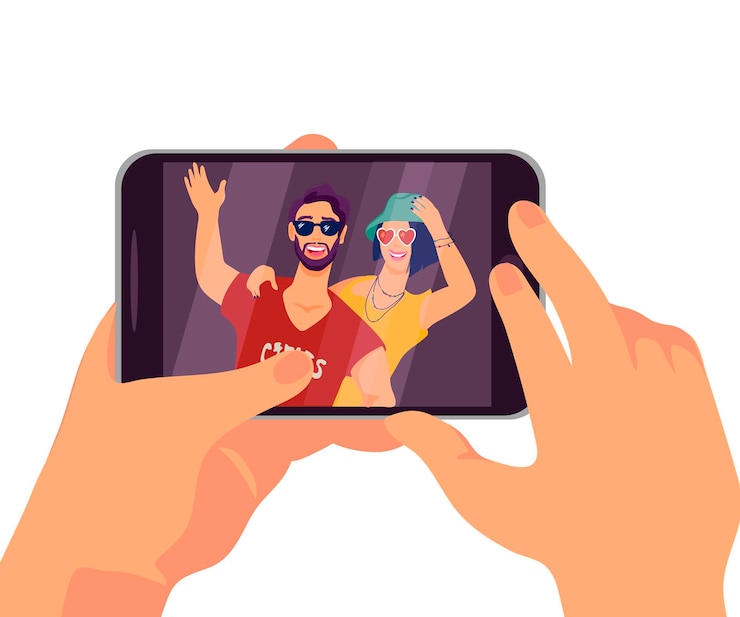 Vetor mãos segurando smartphone com amigos de foto selfie na tela plana ilustração vetorial de desenho animado