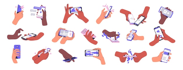 Mãos segurando telefones celulares conjunto Usando smartphones telefones celulosos aplicativos de toque de tela com diferentes aplicativos para jogos de fotos mensagens de texto GPS Ilustrações vetoriais planas isoladas em fundo branco