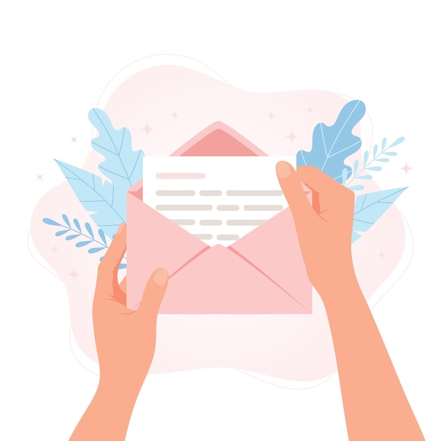 Mãos segurando um envelope com uma carta. ilustração do conceito de vetor em estilo cartoon plana.