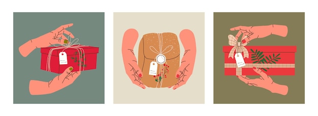 Vetor mãos segurando um presente de natal em papel kraft com tag e bagas. caixa de presente em embalagem de artesanato