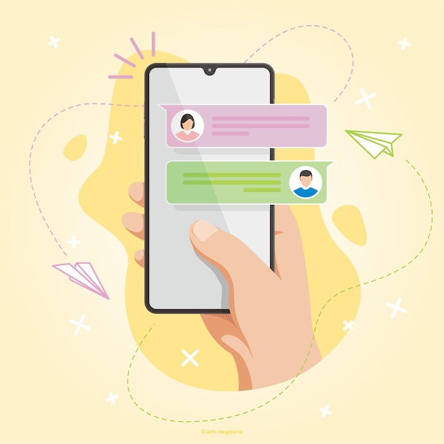 Mãos segurando um smartphone conversando na tela e avião de papel voando por aí