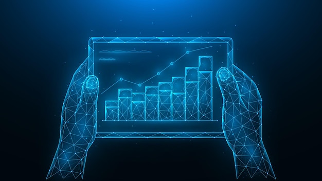 Mãos segurando um tablet com um gráfico de aumento Crescimento de aumento de investimento nas vendas