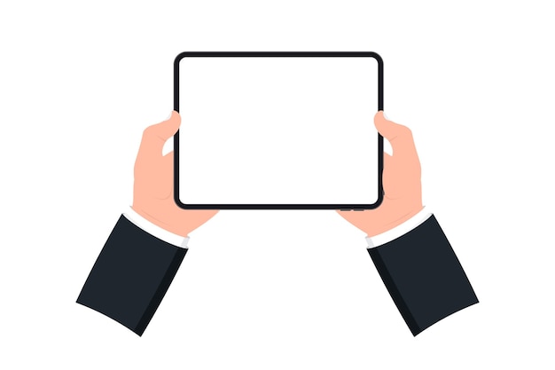 Mãos segurando um tablet preto com tela em branco sobre fundo branco. mão humana usando tablet digital e tela de toque de dedo. modelo de maquete tablet pc com tela em branco. design para site, aplicativo móvel