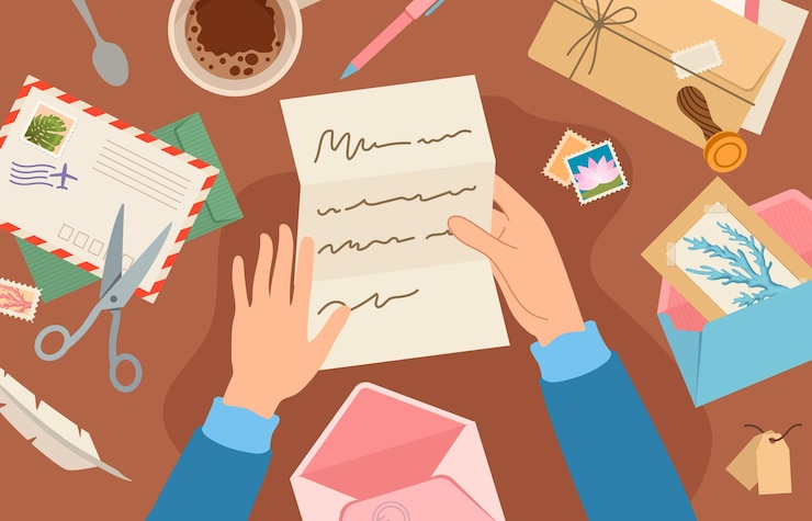 Vetor mãos segurando uma correspondência na mesa. mulher lendo a folha de papel. cartão e envelope com selo postal mentem na mesa. enviando o conceito de vetor post. ilustração da carta de correio segurando nas mãos