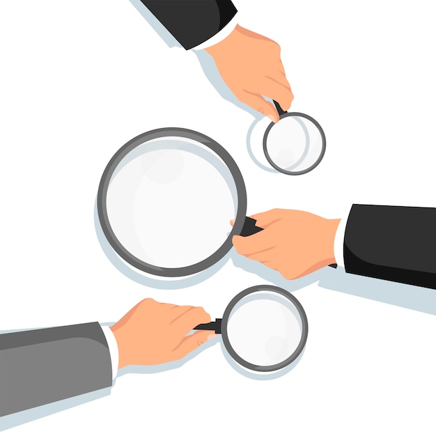 Mãos segurando uma lupa. Busca de informação