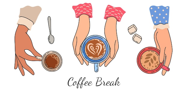 Mãos segurando xícaras de café. vista superior da mão feminina segura a caneca com bebida quente da manhã, café com leite e café expresso. mulheres amigas que encontram o cartaz de vetor. ilustração de mão feminina com xícara de café