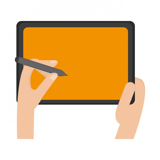 mãos usando caneta no símbolo de tecnologia de tablet