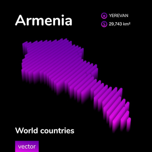 Mapa 3d da armênia vetor listrado isométrico de néon estilizado o mapa da armênia está em cores violetas sobre fundo preto