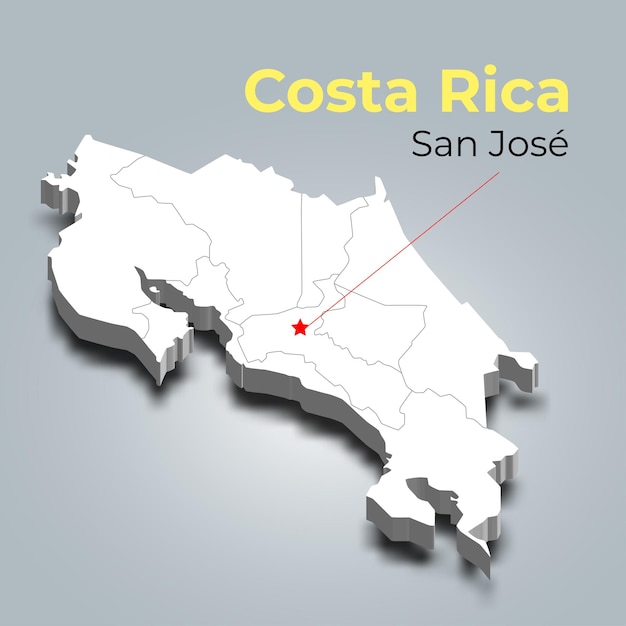 Vetor mapa 3d da costa rica com fronteiras de regiões e sua capital