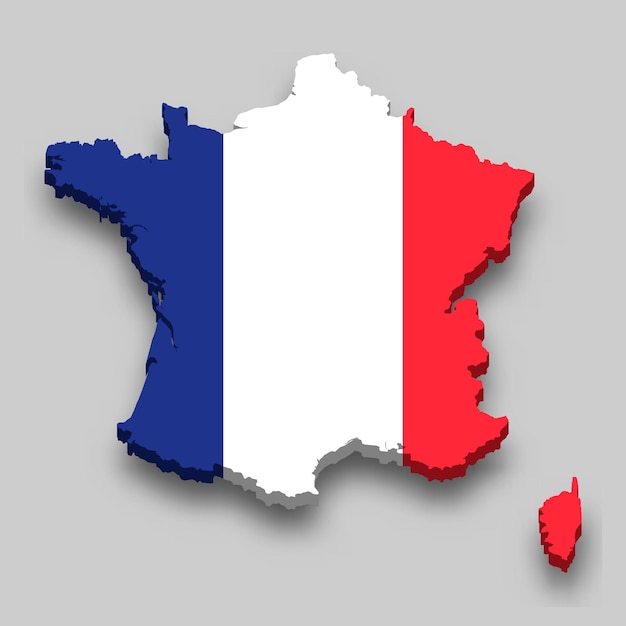 Mapa 3D da França com a bandeira nacional.