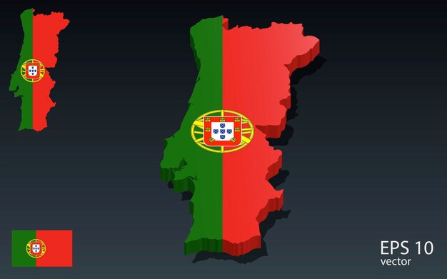 Vetor mapa 3d de portugal e bandeira projeto de forma 3d conceito do dia da independência visão em perspectiva vetor