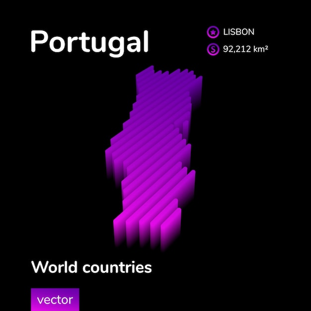 Vetor mapa 3d de portugal vetor listrado isométrico digital neon estilizado mapa nas cores violeta e rosa
