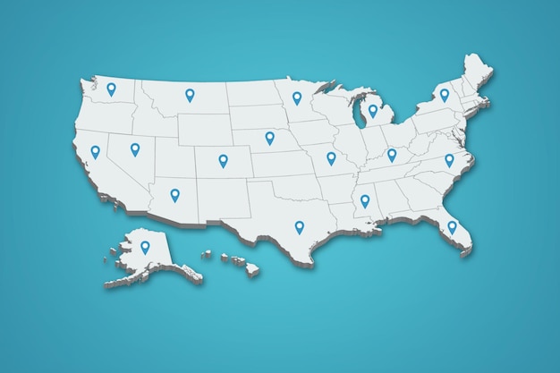Mapa 3d dos estados unidos com ilustração de pinos de localização em fundo isolado