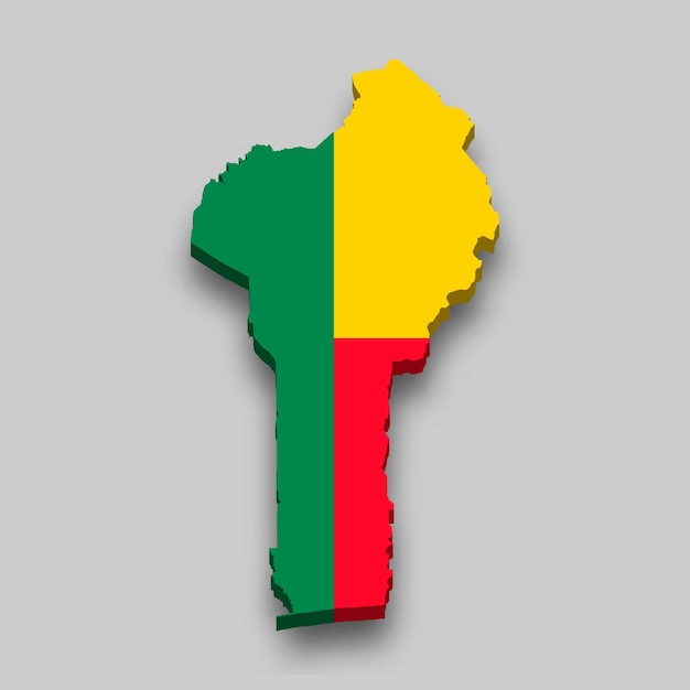 Mapa 3d isométrico do benin com a bandeira nacional.