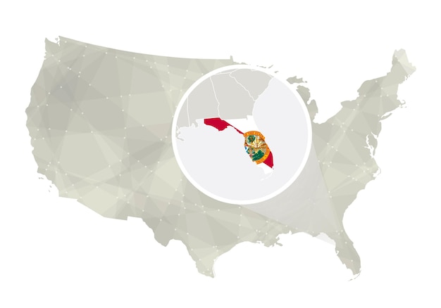 Mapa abstrato poligonal dos eua com mapa ampliado do estado da flórida do estado da flórida e bandeira eua e mapa vetorial da flórida ilustração vetorial