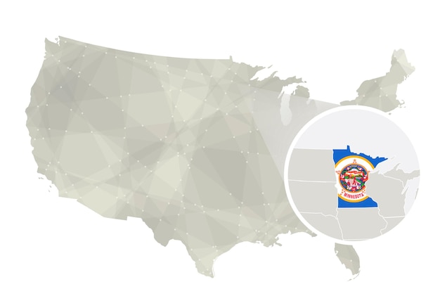 Mapa abstrato poligonal dos eua com mapa do estado de minnesota ampliado e bandeira eua e mapa vetorial de minnesota ilustração vetorial