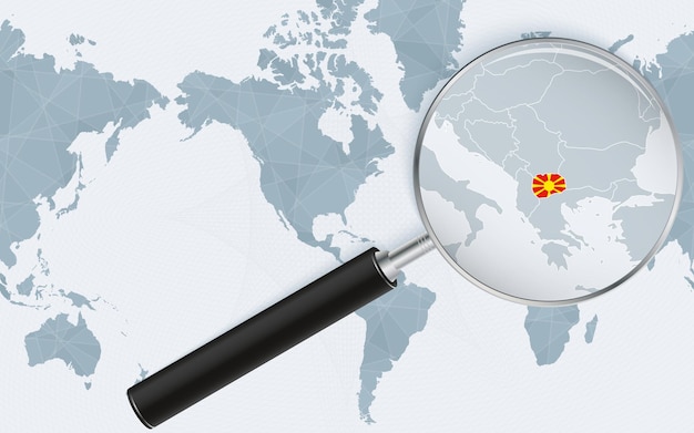Vetor mapa ampliado da macedônia no mapa do mundo centrado na américa mapa ampliado e bandeira da macedônia