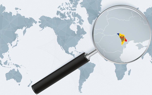 Mapa ampliado da moldávia no mapa do mundo centrado na américa mapa ampliado e bandeira da moldávia