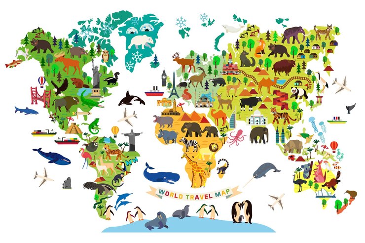 Vetor mapa animal do mundo para crianças e crianças. ilustração.