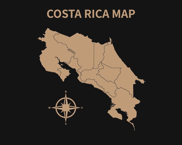 Mapa antigo detalhado da costa rica com bússola e borda da região isolada em fundo escuro