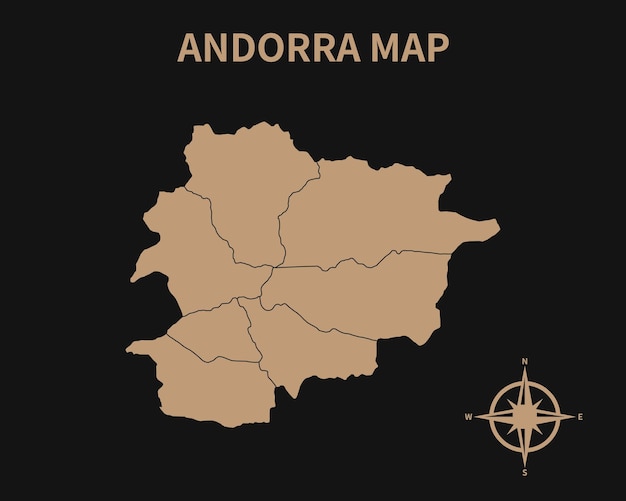 Mapa antigo detalhado de andorra com bússola e borda da região isolada em fundo escuro