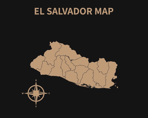 Mapa antigo detalhado de el salvador com bússola e borda da região isolada em fundo escuro