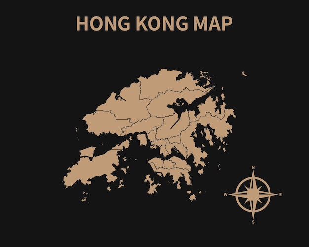 Mapa antigo detalhado de hong kong com bússola e borda da região isolada em fundo escuro