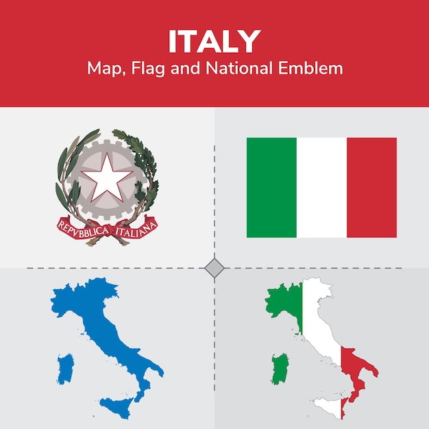 Mapa, bandeira e emblema nacional de itália
