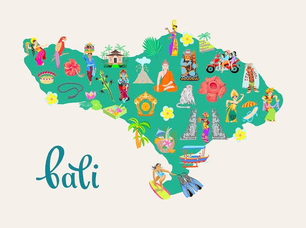 Vetor mapa bonito dos desenhos animados da ilha de bali indonésia ilustração vetorial de design plano