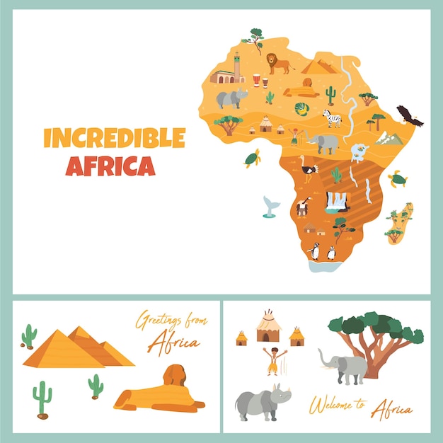 Vetor mapa brilhante com destinos e animais africanos famosos