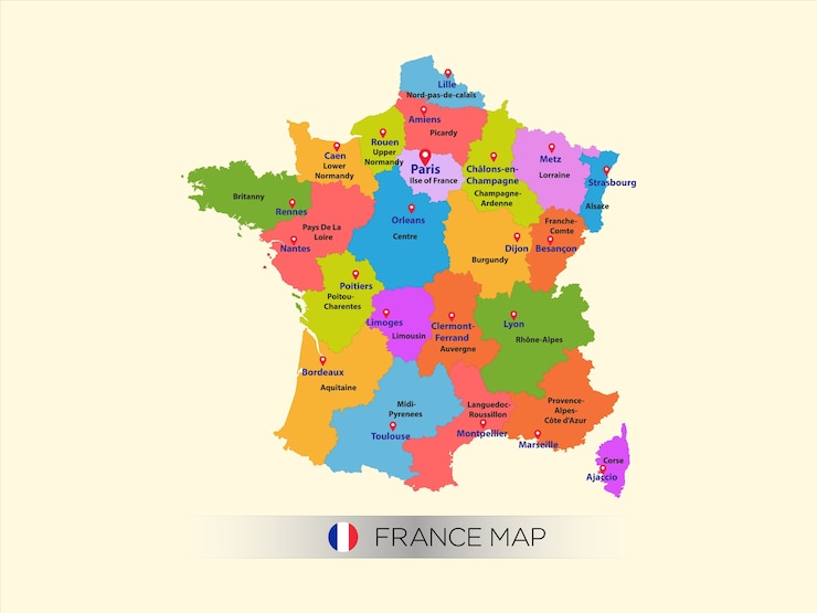 Vetor mapa colorido da frança com a capital.