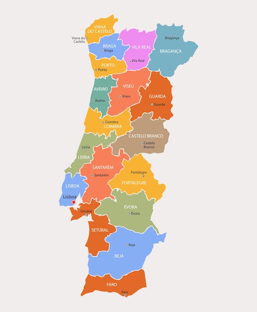 Mapa colorido de portugal com regiões e principais cidades