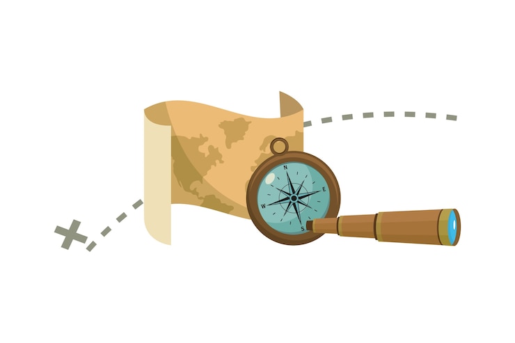Vetor mapa com localização de destino e bússola com monocular