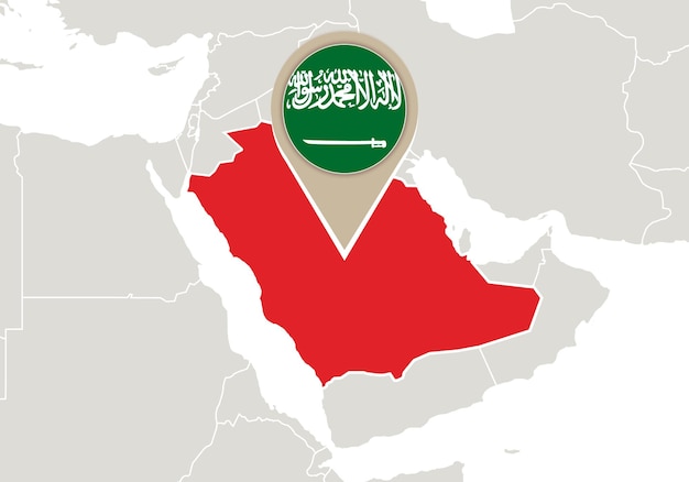 Mapa com o mapa e a bandeira destacados da arábia saudita