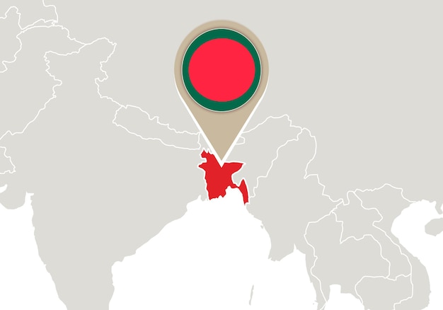 Mapa com o mapa e a bandeira destacados de bangladesh