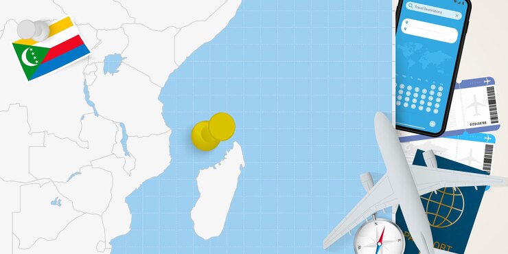 Vetor mapa conceitual de viagem às comores com pin no mapa das comores