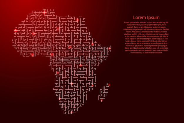 Mapa da áfrica continental do padrão vermelho da grade do labirinto e da grade de estrelas do espaço brilhante.