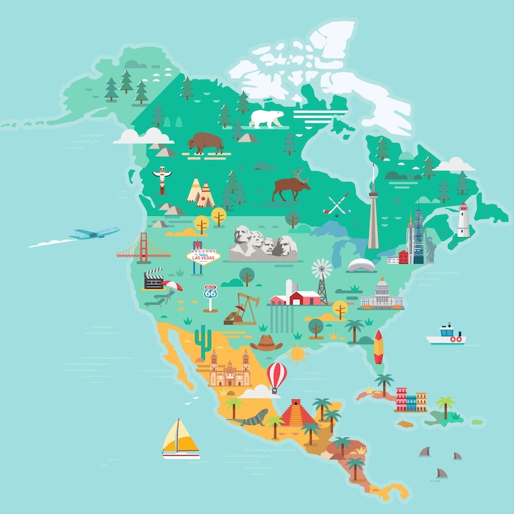 Mapa da América do Norte Pontos turísticos e de viagens