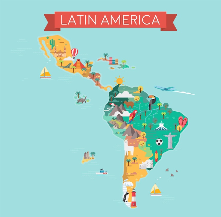 Mapa da América Latina. Pontos turísticos e viagens, ilustração vetorial.