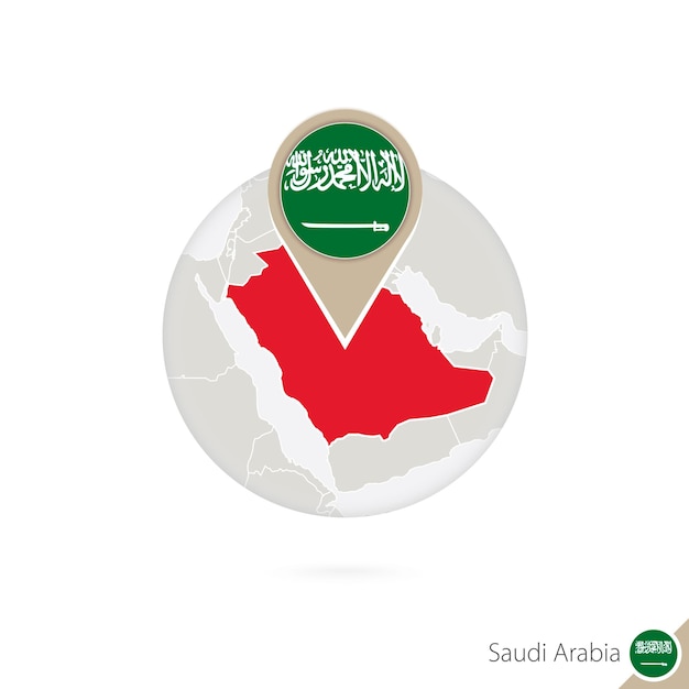 Mapa da arábia saudita e bandeira em círculo. mapa da arábia saudita, pino da bandeira da arábia saudita. mapa da arábia saudita no estilo do globo. ilustração vetorial.