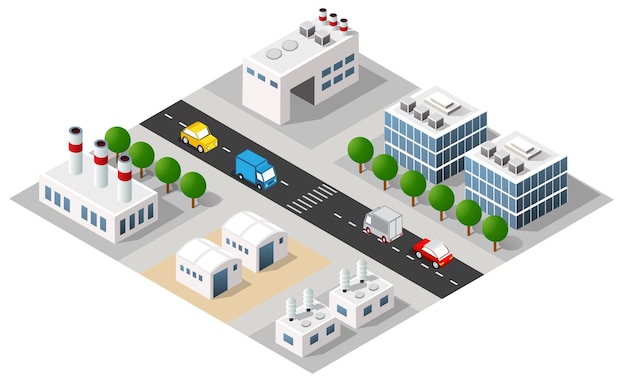 Mapa da área urbana da cidade ilustração isométrica da zona industrial da fábrica 3d