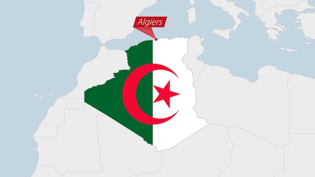 Mapa da argélia destacado nas cores da bandeira da argélia e alfinete da capital do país argel