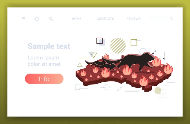 Mapa da austrália com demônios da tasmânia fugindo de animais ameaçados de extinção morrendo em incêndios florestais conceito de desastre natural intensas chamas laranja horizontais