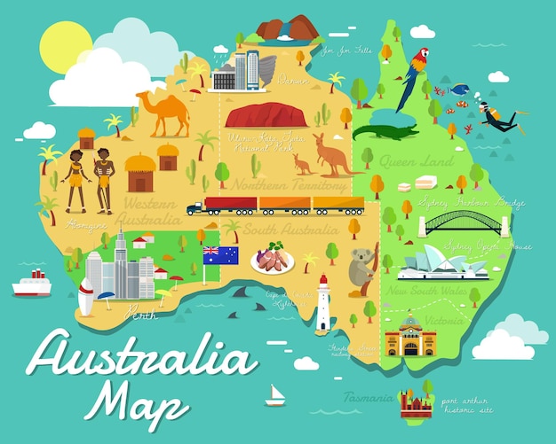 Mapa da Austrália com design de ilustração colorida de pontos de referência