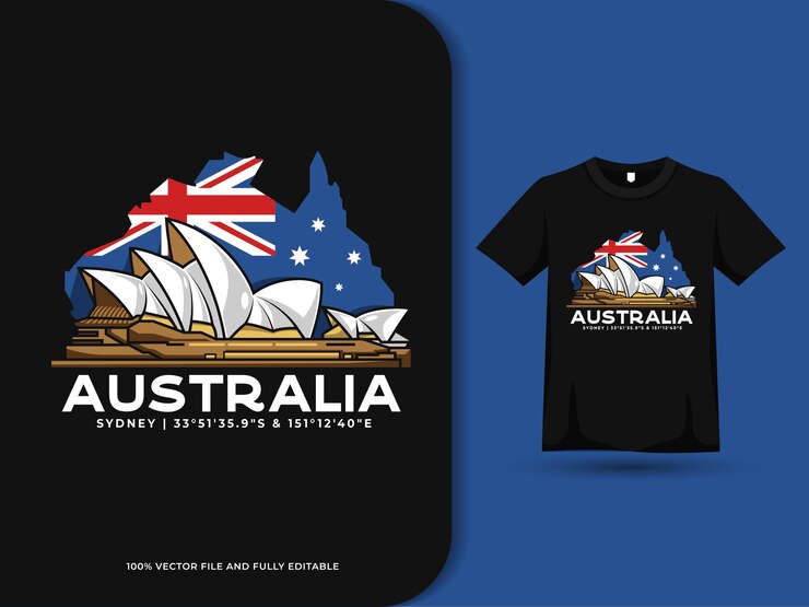 mapa da bandeira da austrália e ilustração da casa da ópera de sydney no design de camisetas