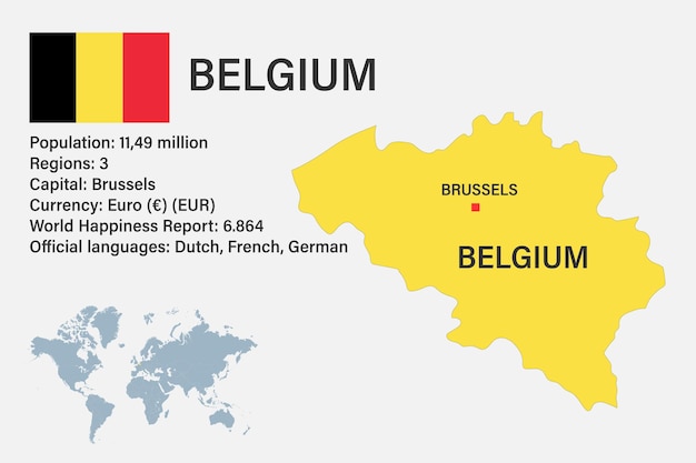 Mapa da bélgica altamente detalhado com capital de bandeira e pequeno mapa do mundo